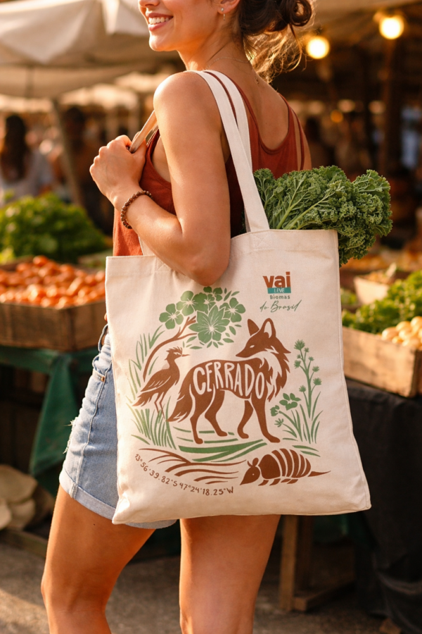Mulher sorrindo com bolsa Cerrado Ecobag vai LEVE | Biomas do Brasil | Cerrado